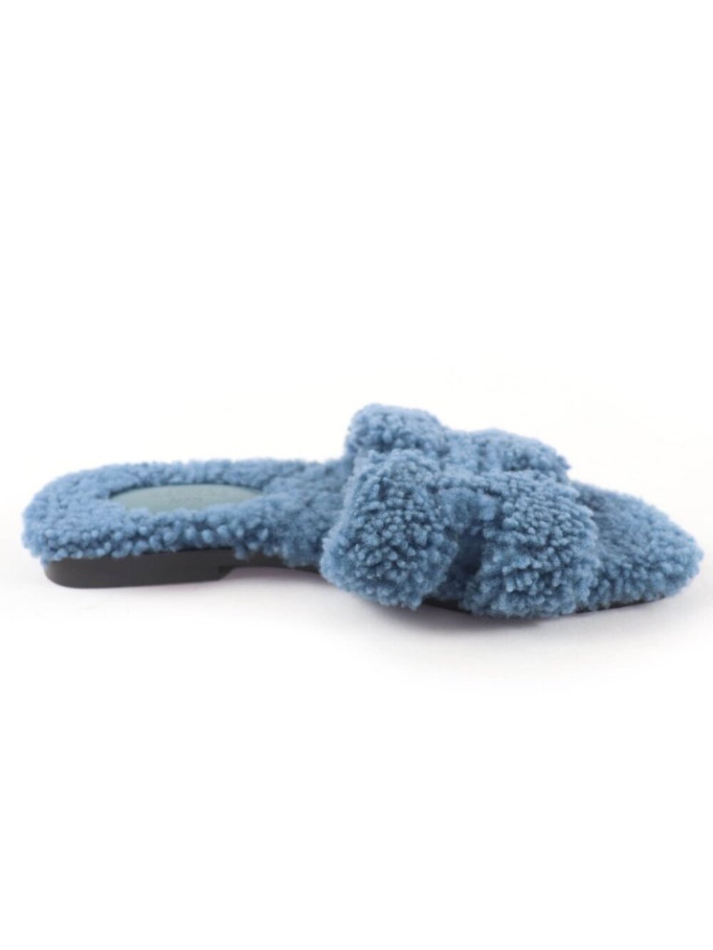 Hermes Oran Shearling Leather Mules Flat Sandals Blue - Picture 6 of 10
